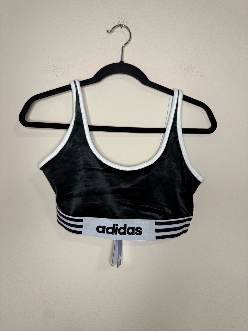Adidas Black and White Velvet Logo Cropped Tank Bra